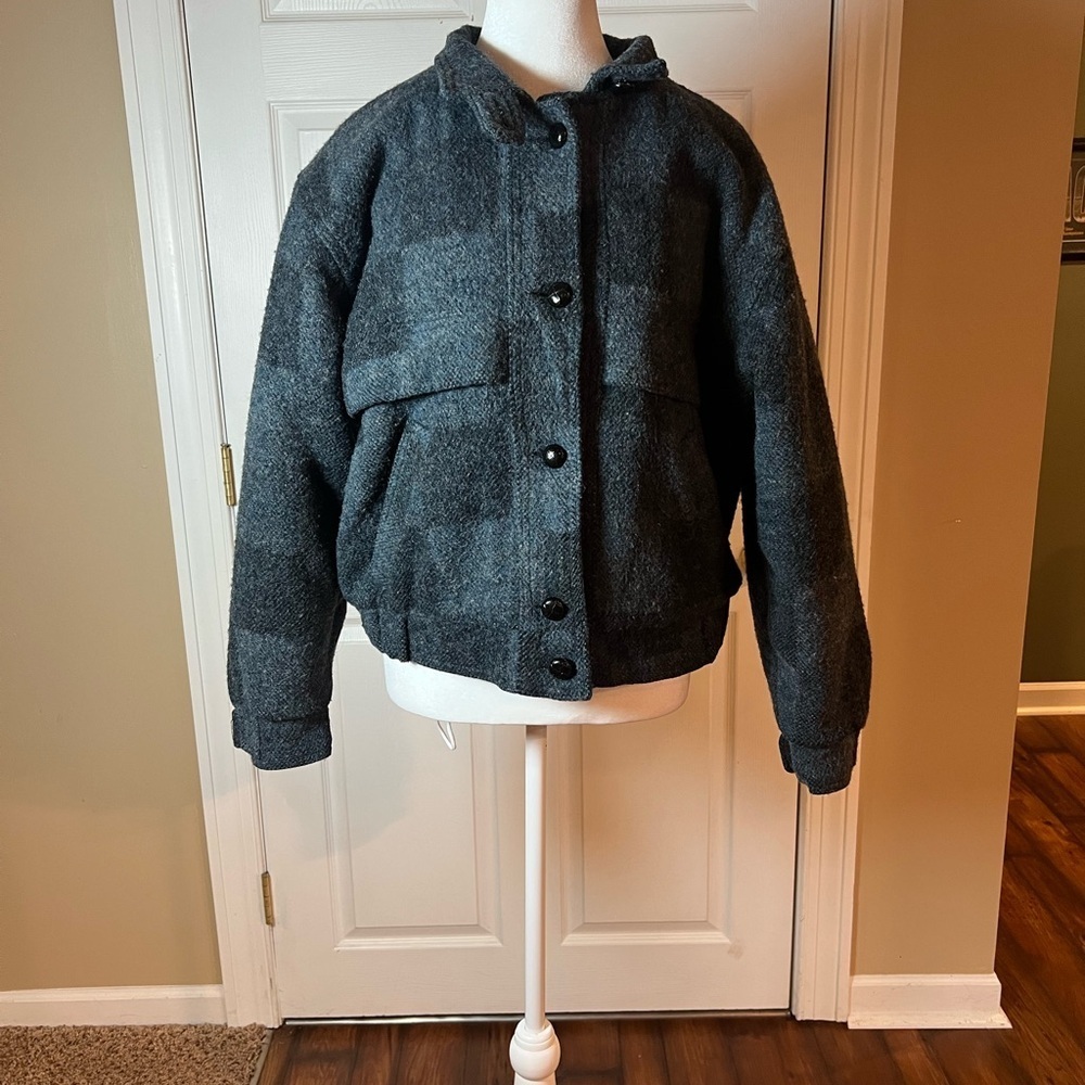 Lands' End Gray Blue Plaid Cropped Bomber Jacket 90s Wool Blend